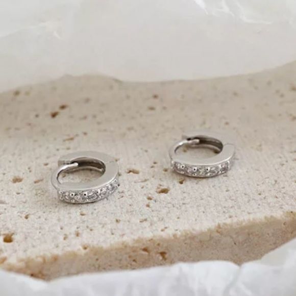 Diamond Silver Earrings, Cubic Zirconia Pierced Hoops, 925 Sterling Silver - Picture 9 of 10